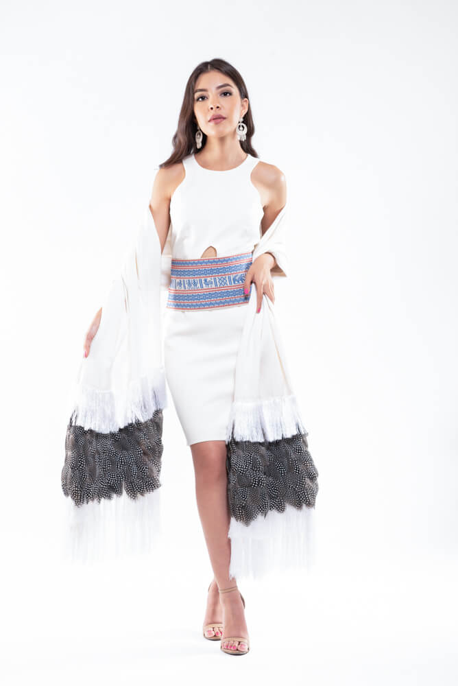 Woman Wearing White Cotton Shawl with Guinea fowl feathers Mexican Textile Rebozo