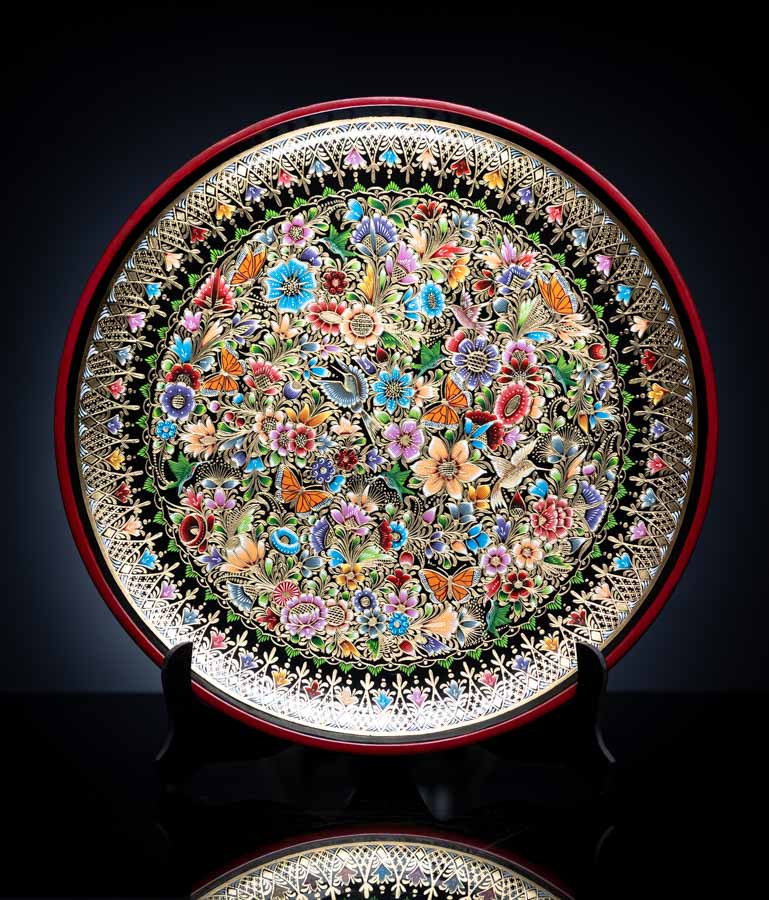 Lacquered Dish with Birds & Flowers Gold Outlined Lacquerware from Patzcuaro Michoacan