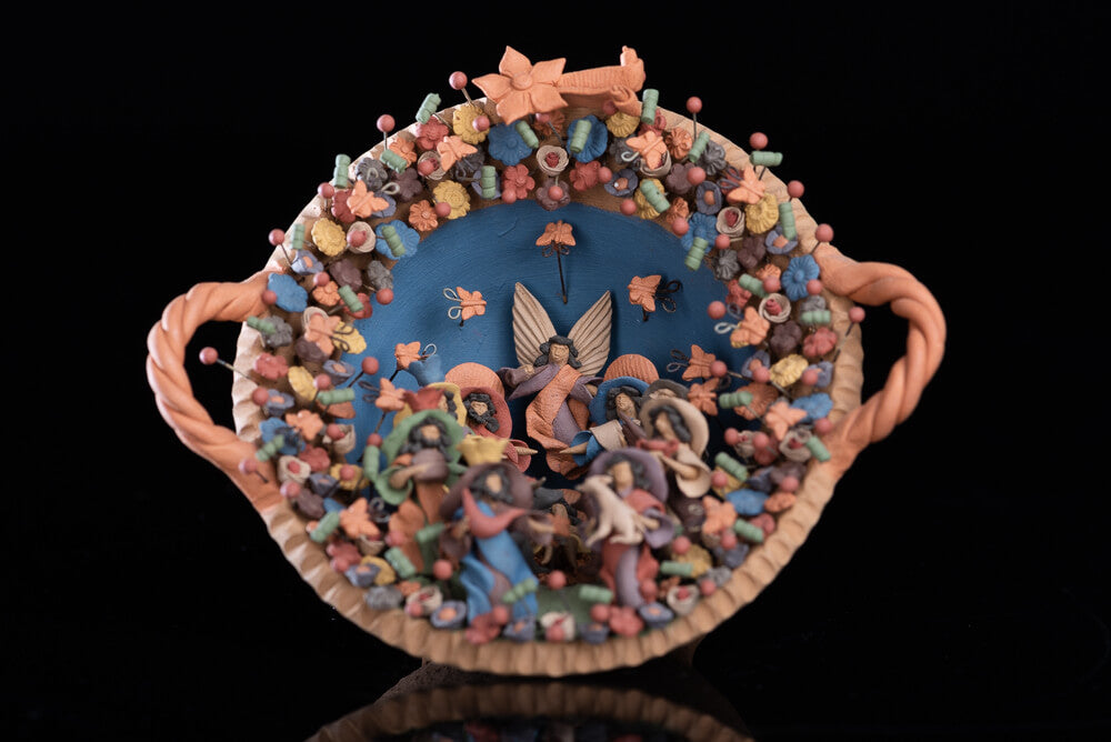 Miniature Clay Nativity in a Pot Mexican Folk Art from Metepec