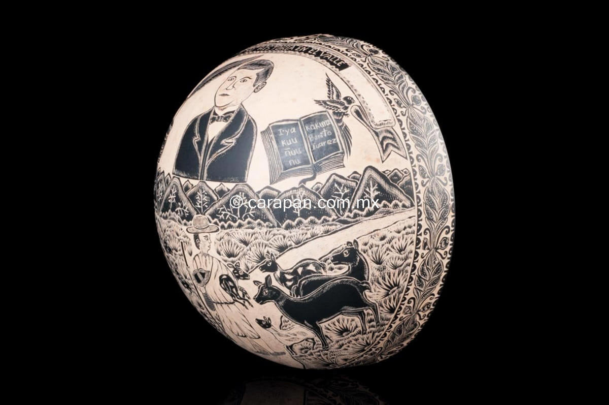 Oaxacan Etched Gourd with Portrait of President Benito Juarez