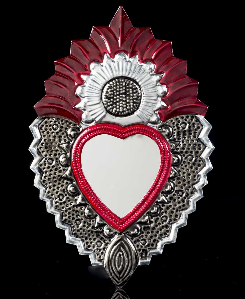 Tin Sacred Heart Mirror With Flower Medium Size