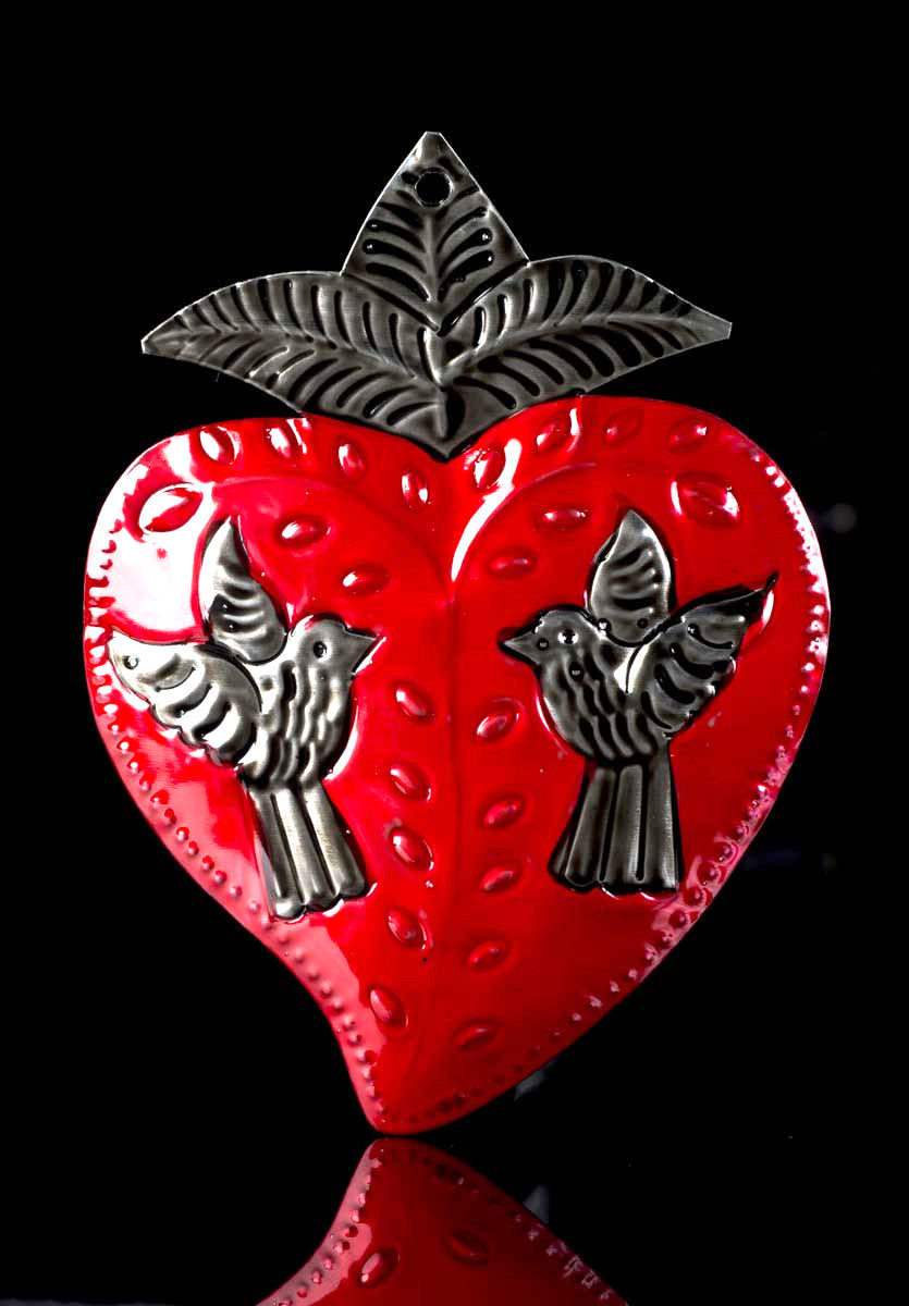 TIN SACRED HEART WITH TWO DOVES REPOUSEE FOLK ART FROM OAXACA MEXICO