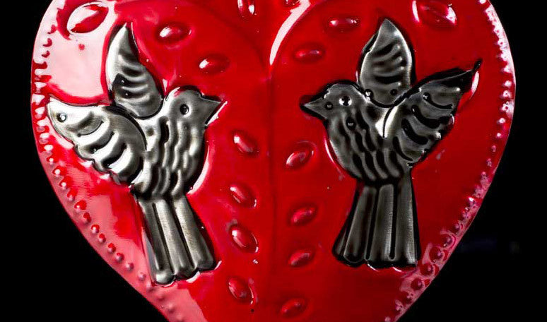 TIN SACRED HEART WITH TWO DOVES REPOUSEE FOLK ART FROM OAXACA MEXICO