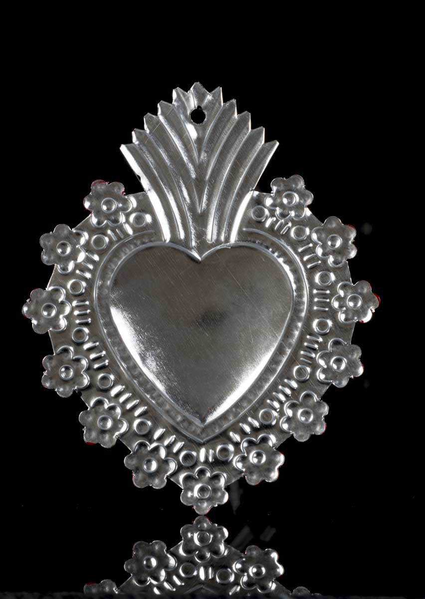 TIN SACRED HEART WITH FLOWERS REPOUSEE FOLK ART FROM OAXACA MEXICO