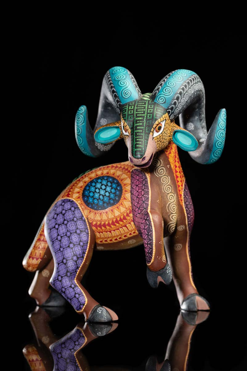 Ram Sheep Oaxacan Wood Carving Mexican Hand Crafted Sculpture  Front View