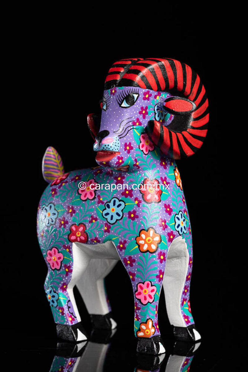 Purple Ram Alebrije Oaxacan Wood Carving with Flowers