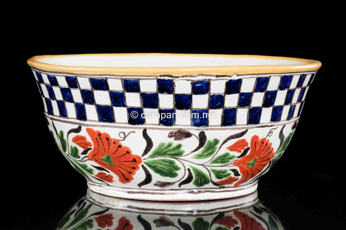 Mexican Talavera bowl vintage design squared stripe & Floral design