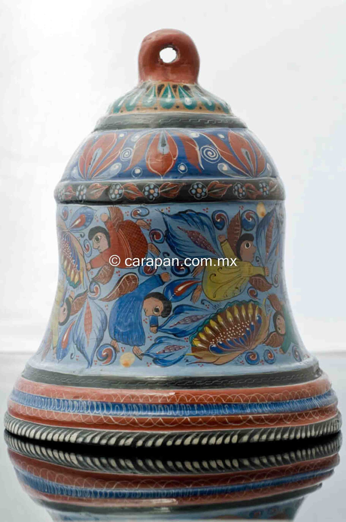 Tonala-Burnished-Clay-with-Angels-Blue-&-Red-Tones-Fine-Pottery-Folk-Art
