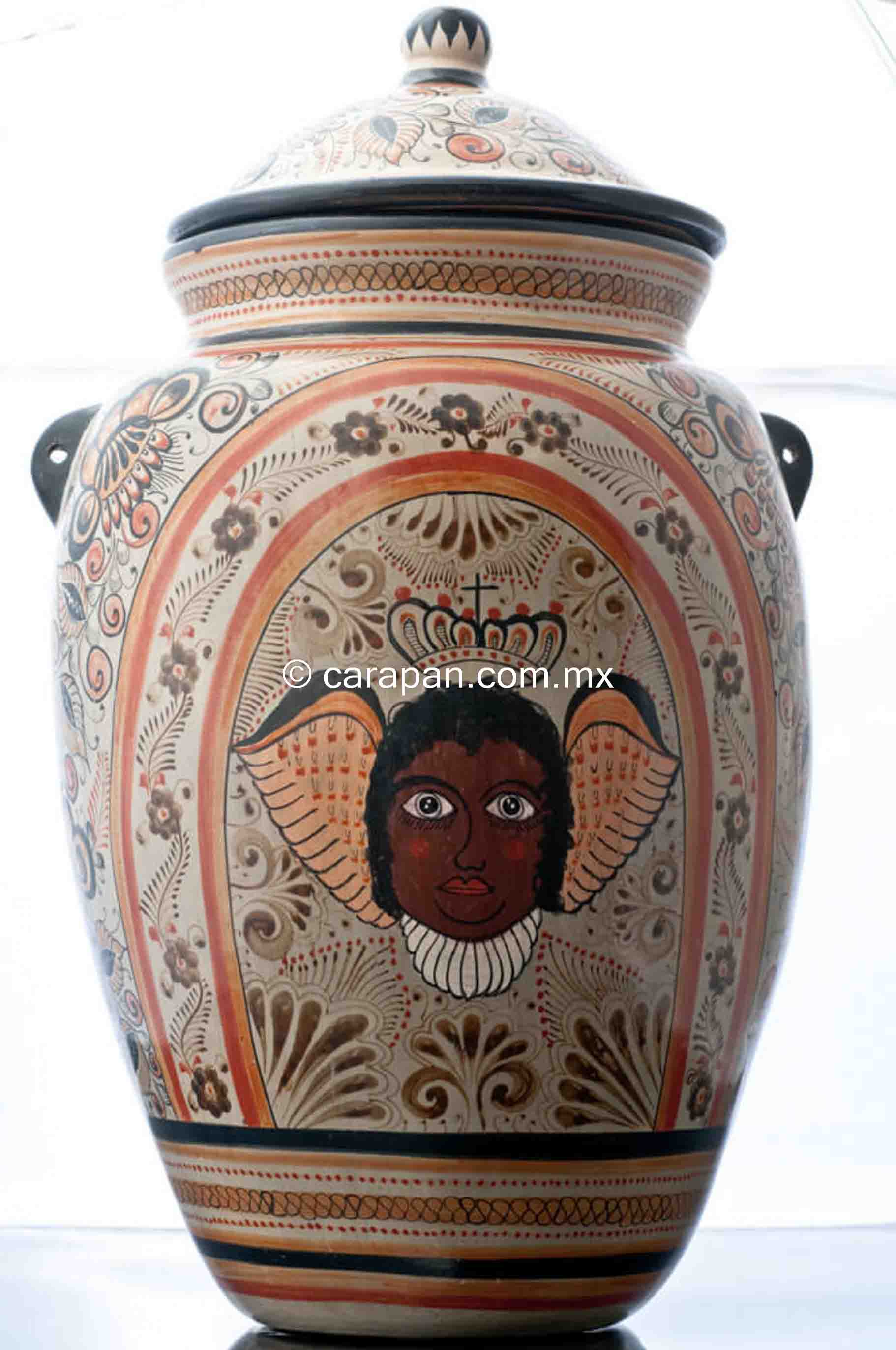 Tonala Burnished Clay Vase Tibor Crwoned Angels Mexican Pottery