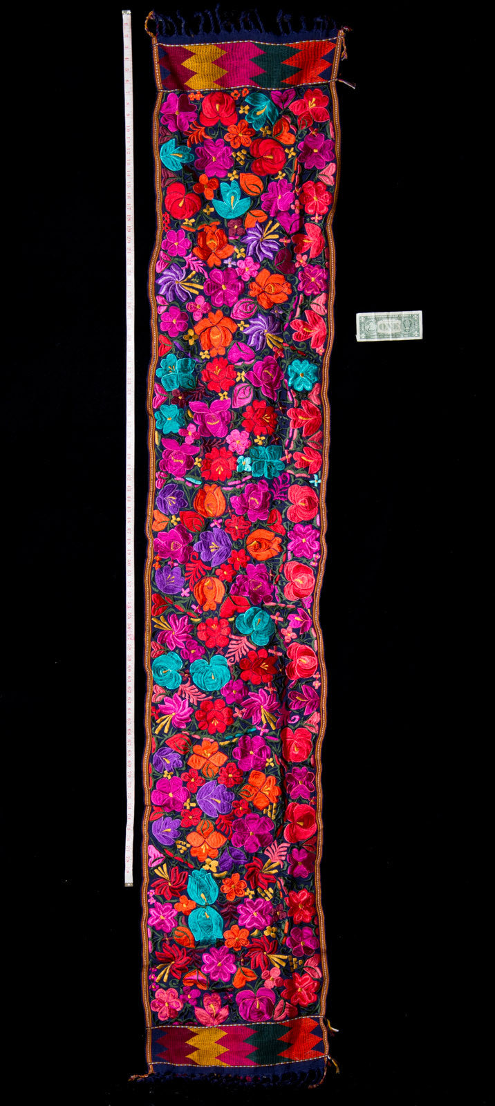 LONG EMBROIDERED RUNNER WITH MULTI COLOUR FLOWERS FROM CHIAPAS MEXICO.