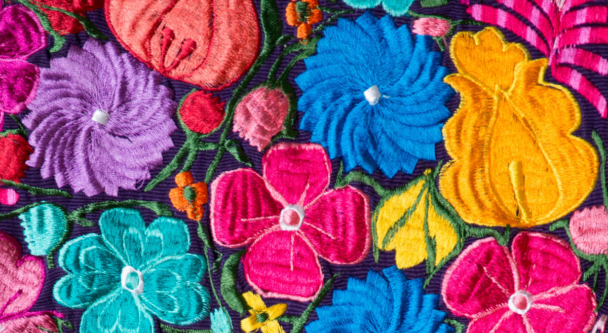 LONG EMBROIDERED RUNNER WITH MULTI COLOUR FLOWERS FROM CHIAPAS MEXICO.