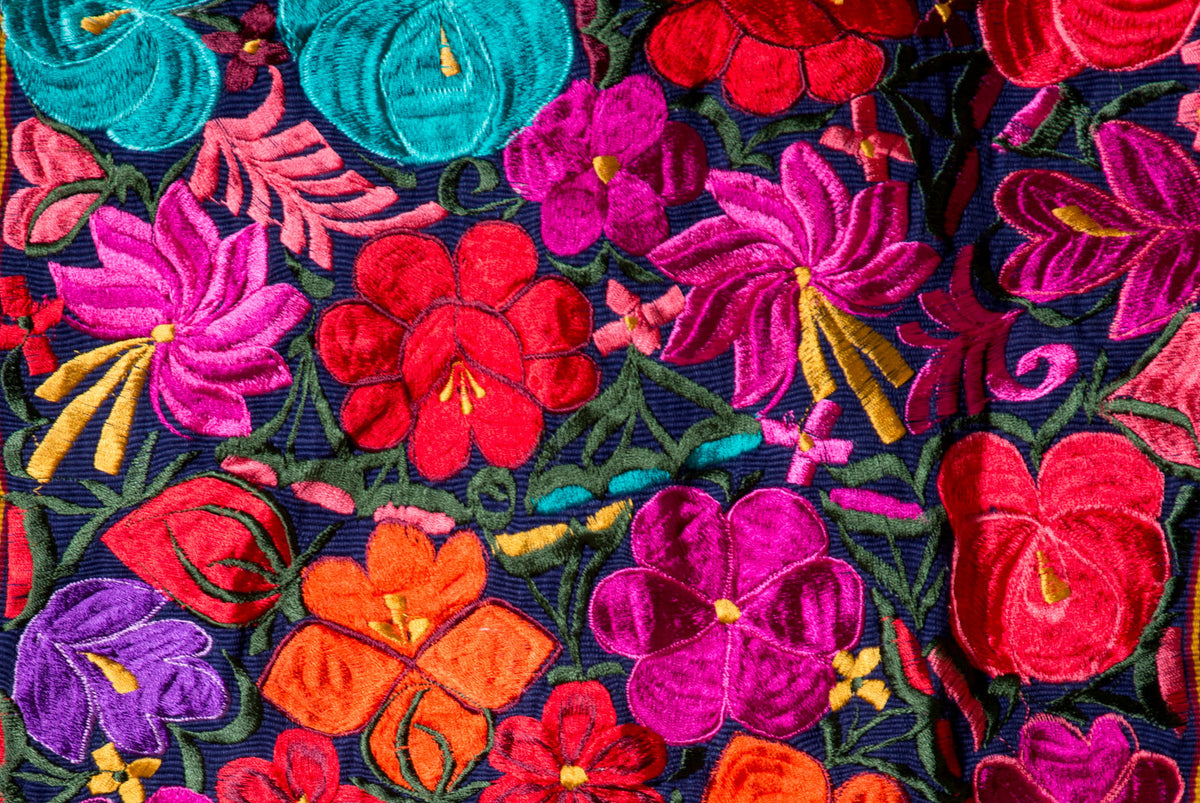 LONG EMBROIDERED RUNNER WITH MULTI COLOUR FLOWERS FROM CHIAPAS MEXICO.