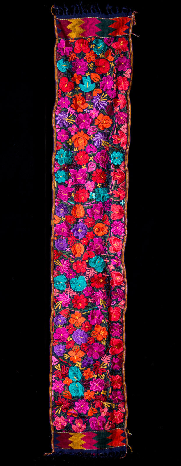 LONG EMBROIDERED RUNNER WITH MULTI COLOUR FLOWERS FROM CHIAPAS MEXICO.