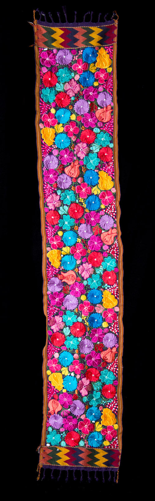 LONG EMBROIDERED RUNNER WITH MULTI COLOUR FLOWERS FROM CHIAPAS MEXICO.