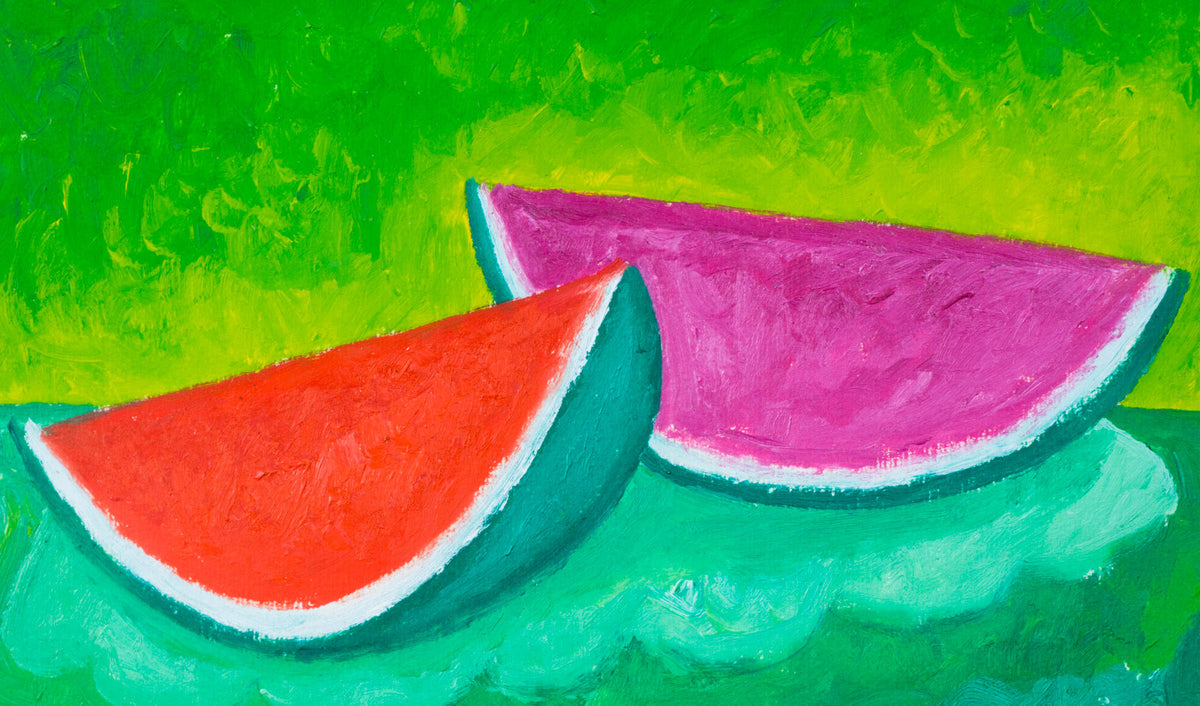 STILL LIFE WITH WATERMELONS BY CRUZ SIGNED & DATED 95 OIL ON PAPER GREEN