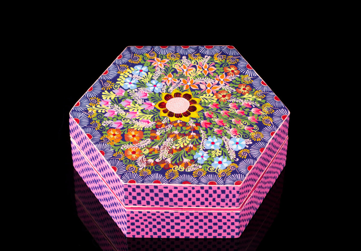 HEXAGONAL WOODEN BOX hand painted with flowers from Oaxaca, Mexico.