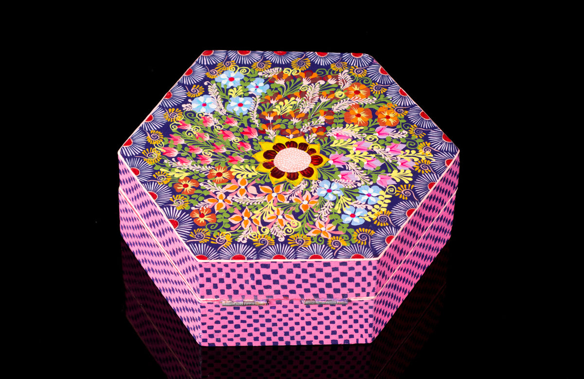 HEXAGONAL WOODEN BOX hand painted with flowers from Oaxaca, Mexico.