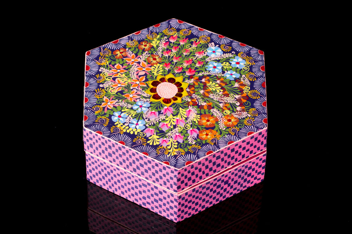 HEXAGONAL WOODEN BOX hand painted with flowers from Oaxaca, Mexico.