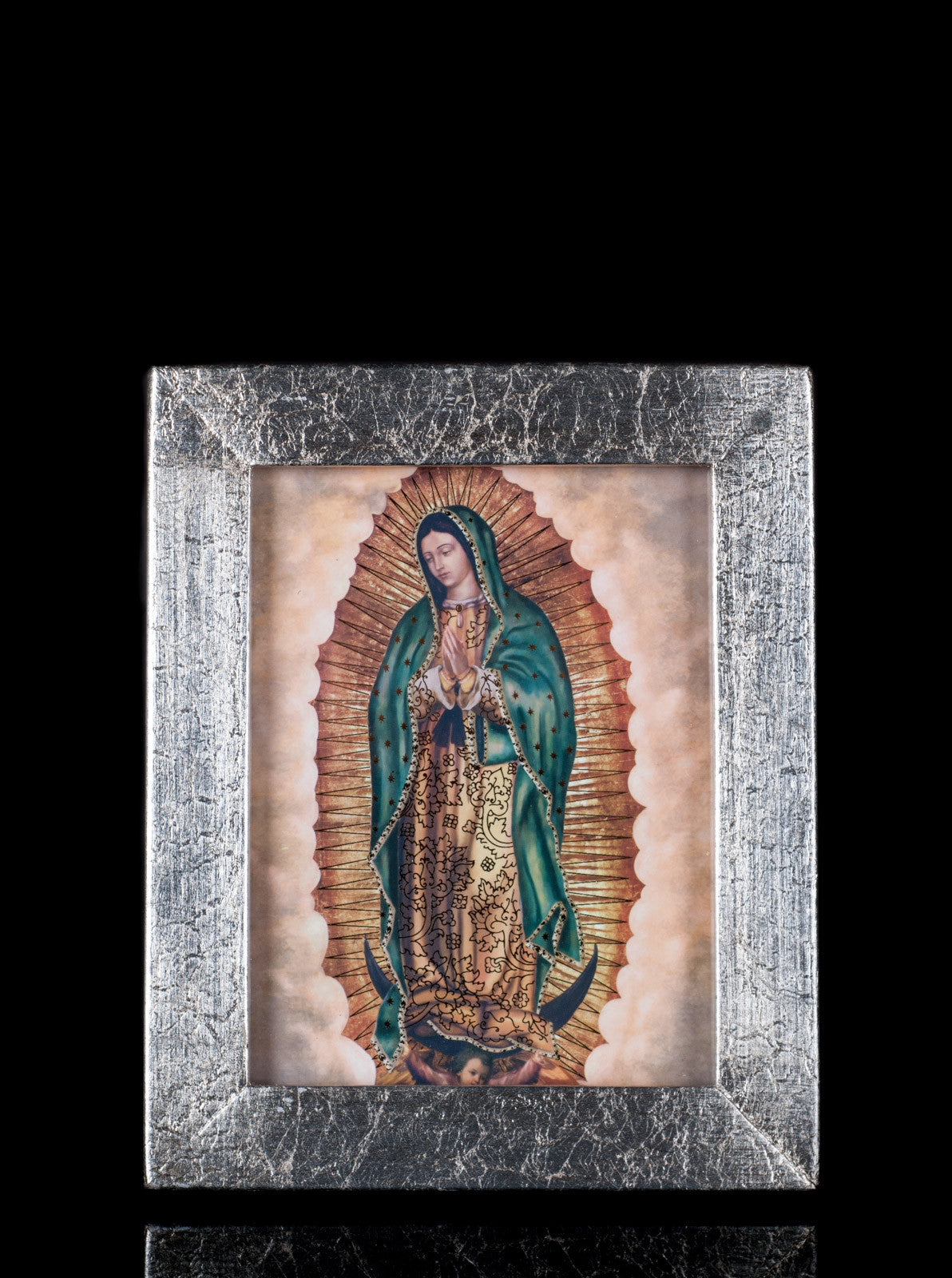 6.2" OUR LADY VIRGIN OF GUADALUPE FULL BODY SILVERED LEAF FRAME