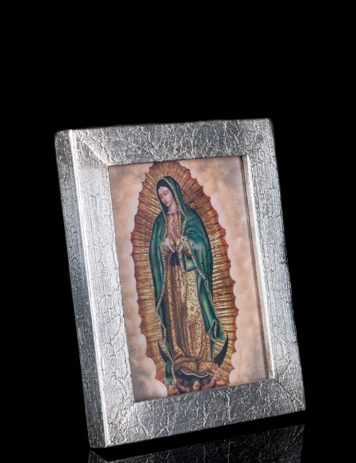 6.2" OUR LADY VIRGIN OF GUADALUPE FULL BODY SILVERED LEAF FRAME