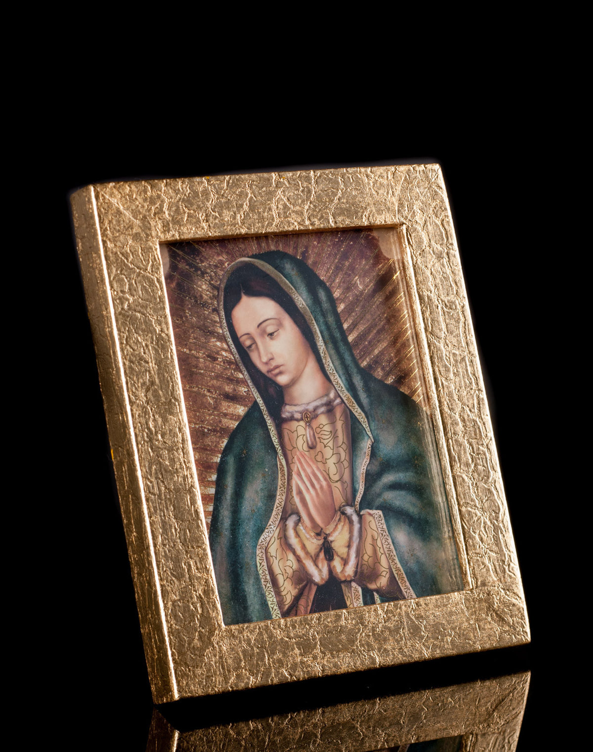 6.2" BUST OF OUR LADY VIRGIN OF GUADALUPE WITH GOLDEN LEAF FRAME