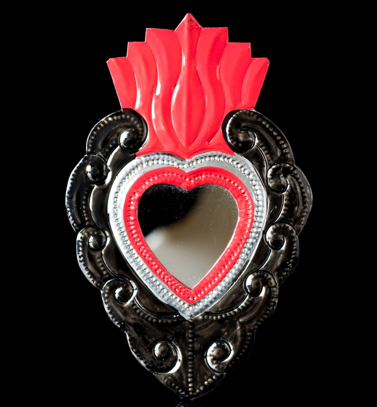 Mexican Tin Mirror Sacred Heart with wide Flame Oaxacan Folk Art