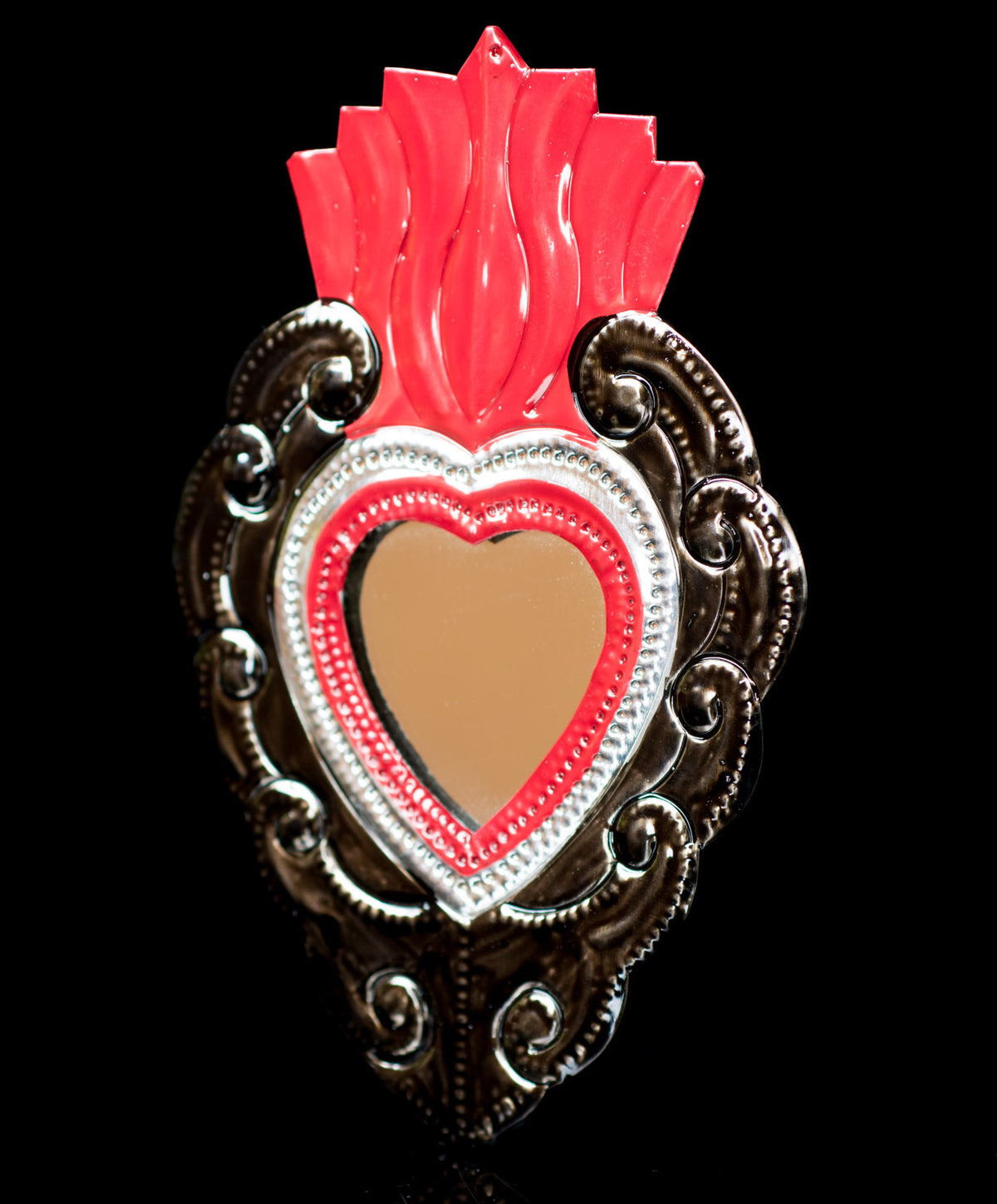 Mexican Tin Mirror Sacred Heart with wide Flame Oaxacan Folk Art