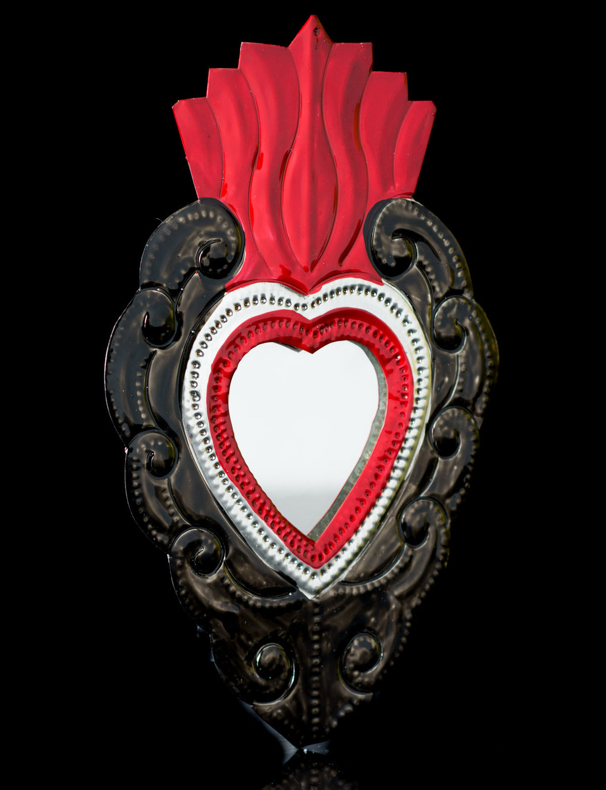 Mexican Tin Mirror Sacred Heart with wide Flame Oaxacan Folk Art