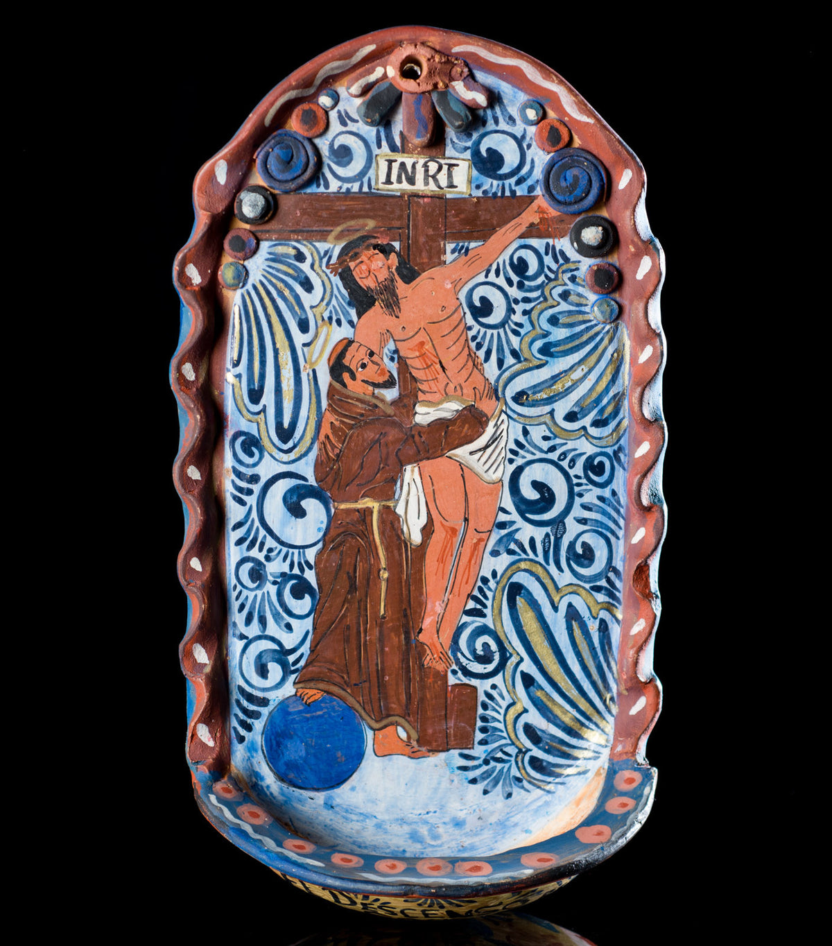 Tonala-Mexican-Pottery-St-Francis-Burnished-Clay-Holy-Water-Font