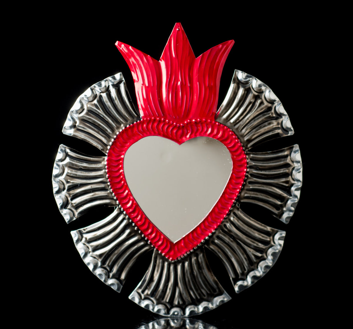 MEDIUM TIN SACRED HEART MIRROR WITH FLAME FOLK ART FROM OAXACA MEXICO