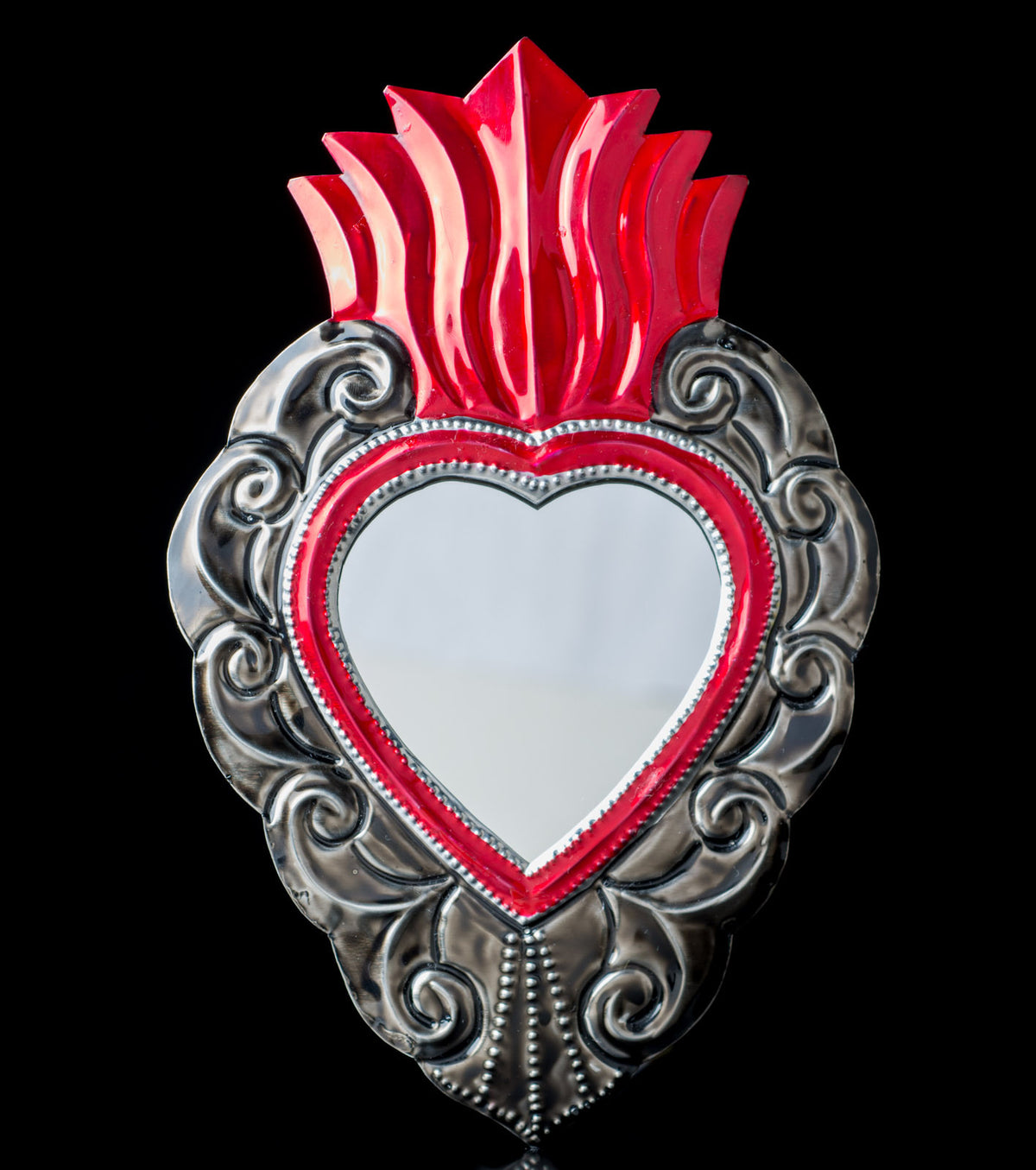 TIN SACRED HEART MEDIUM MIRROR WITH FLAME FOLK ART FROM OAXACA MEXICO