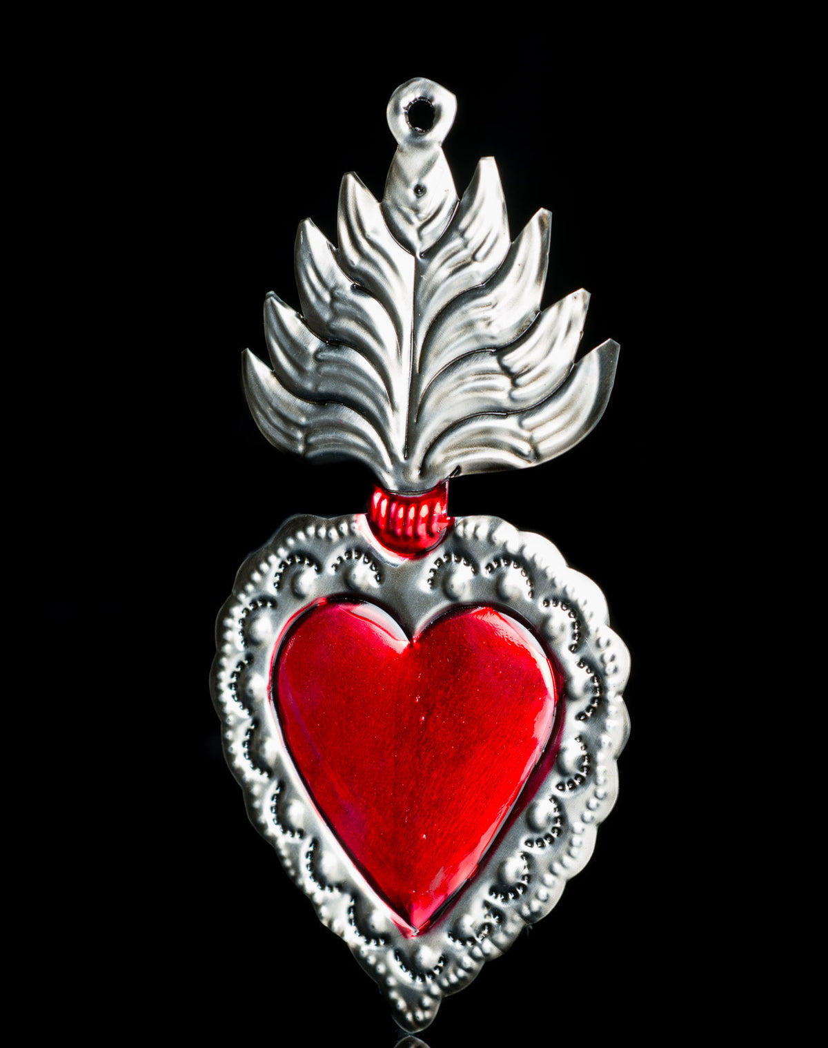 TIN SACRED HEART WITH FLAME  REPOUSEE FOLK ART FROM OAXACA MEXICO