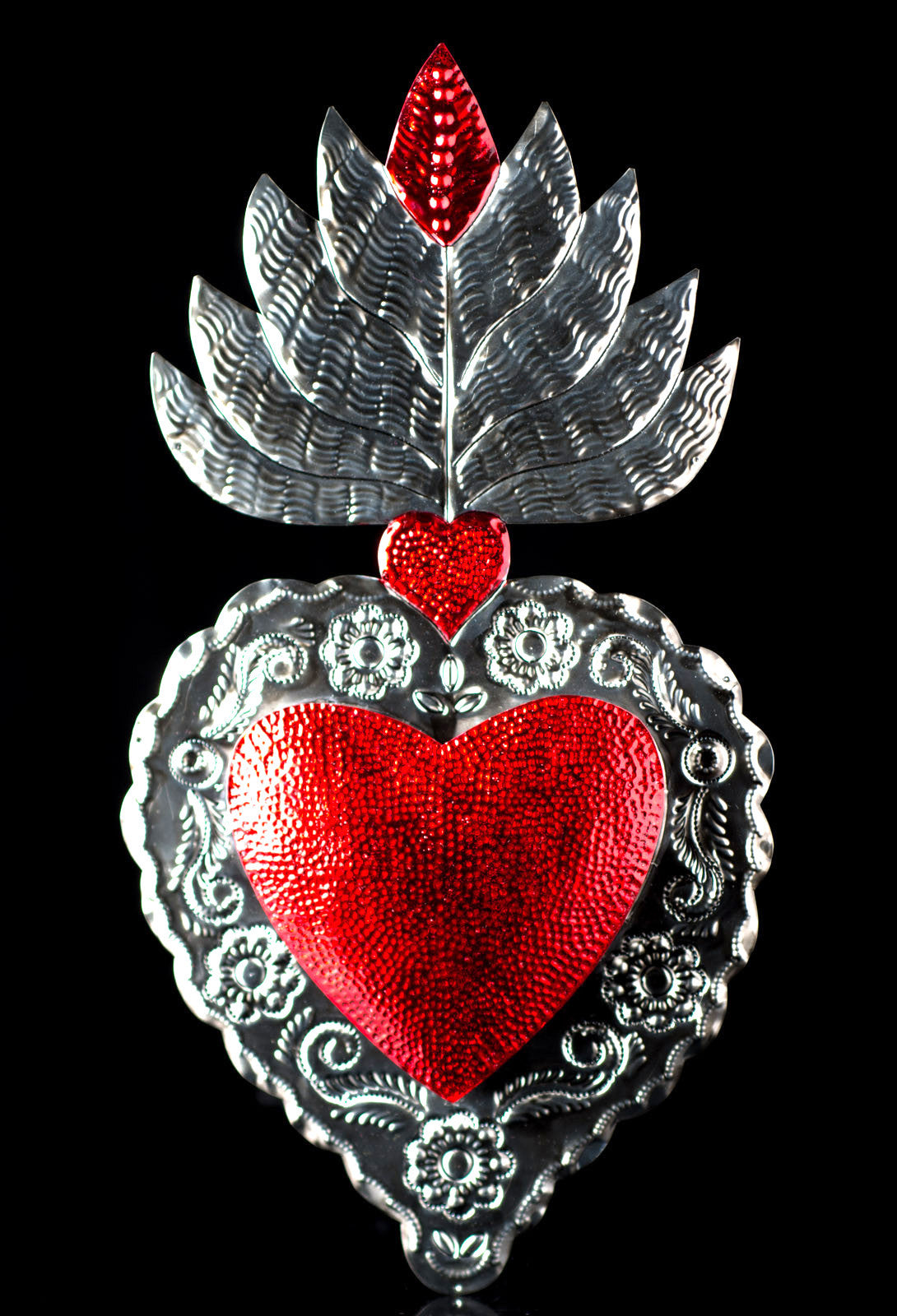 BIG RED TIN SACRED HEART SURROUNDED WITH FLAME ON TOP ART FROM OAXACA MEXICO