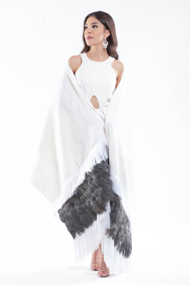 White Cotton Shawl with Guinea fowl feathers Mexican Textile Rebozo