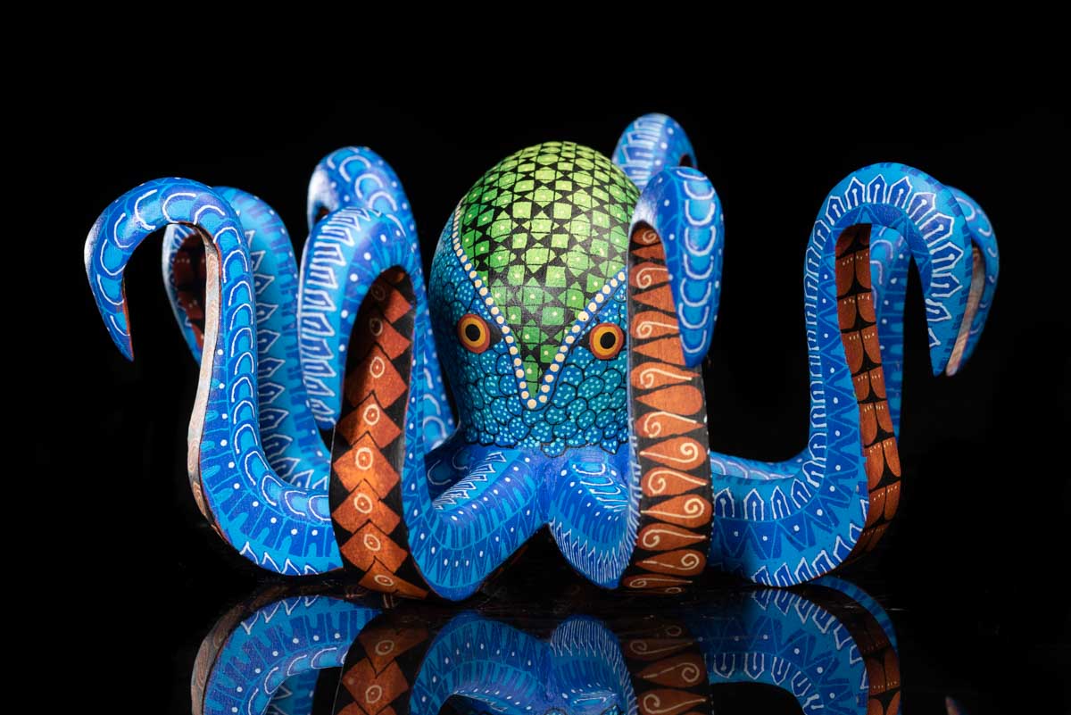 Oaxacan Wood Carving Blue Octopus Alebrije Front